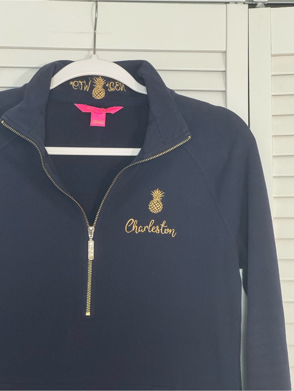 Lilly Pulitzer Navy Half-Zip Charleston Sweatshirt Gold Pineapple Embroidery XS